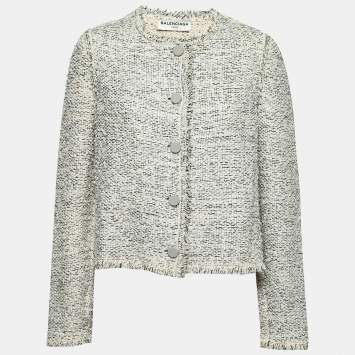 Pre Owned Balenciaga Cream Tweed Fringed Jacket M