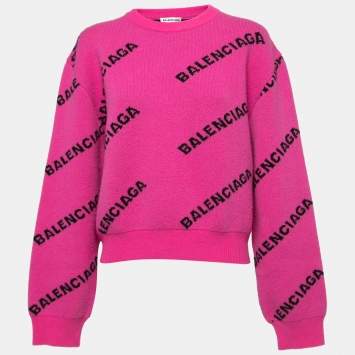 Pre Owned Balenciaga Pink All-Over Logo Patterned Wool Sweater M