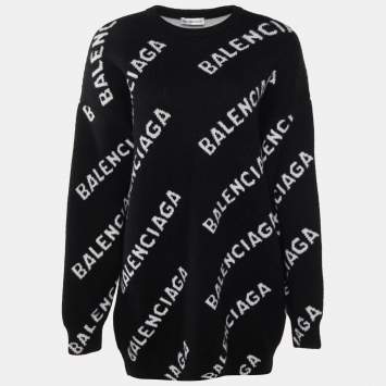 Pre Owned Balenciaga Black Logo Intarsia Knit Wool Sweater M