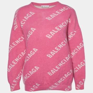 Pre Owned Balenciaga Pink Logo Intarsia Knit Wool Oversized Sweater L