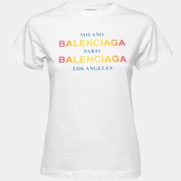 Pre Owned Balenciaga White Cotton Printed Crew Neck T Shirt S