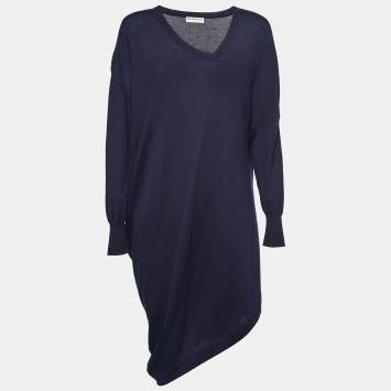 Pre Owned Balenciaga Navy Blue Wool & Silk Knit Asymmetrical Sweater Dress M