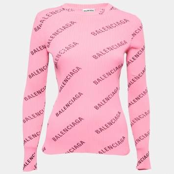 Pre Owned Balenciaga Pink Logo Print Rib Knit Jumper M