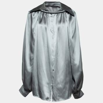 Pre Owned Balenciaga Metallic Grey Silk Structured Button Front Shirt M