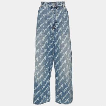 Pre Owned Balenciaga Unifit Navy Blue Logo Detail Denim Baggy Jeans L