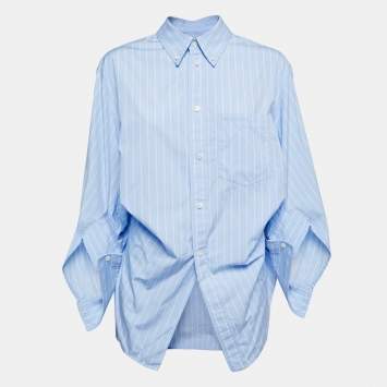 Pre Owned Balenciaga Blue Striped Cotton Oversize Fit Long Sleeve Shirt S