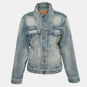 Pre Owned Balenciaga Blue Distressed Denim Oversized Collar Jacket M