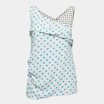 Pre Owned Balenciaga Off White Polka Dotted Crepe Sleeveless Ruched Top M