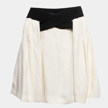 Pre Owned Balenciaga Cream/Black Rayon Blend Pleated Mini Skirt S