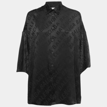 Pre Owned Balenciaga Black Logo Printed Silk Short Sleeve Shirt S