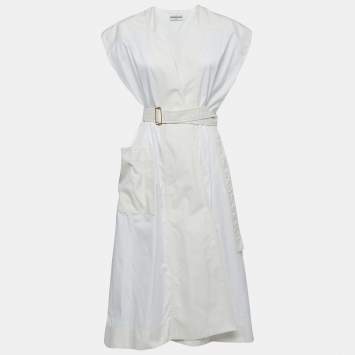 Pre Owned Balenciaga White/Beige Cotton Button Front Belted Sleeveless Midi Dress M