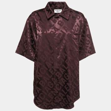 Pre Owned Balenciaga Brown All-Over Logo Patterned Satin Half Sleeve Shirt S 