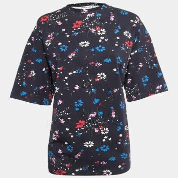Pre Owned Balenciaga Navy Blue Floral Printed Cotton Half Sleeve Oversized T-Shirt M