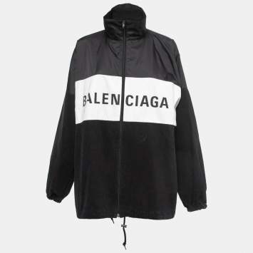 Pre Owned Balenciaga Black Logo Printed Nylon and Cotton Zip Front Oversized Bomber Jacket S