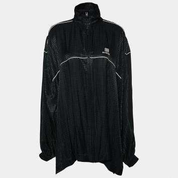 Pre Owned Balenciaga Black Houndstooth Pattern Satin Zip Front Oversized Long Jacket S