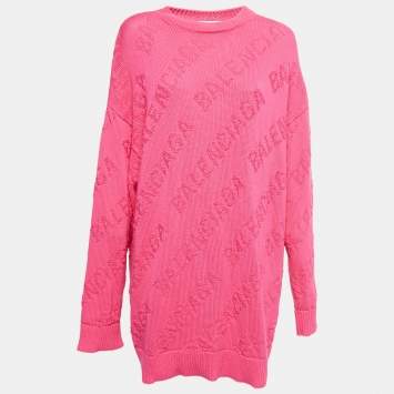 Pre Owned Balenciaga Pink Textured Logo Knit Jumper M