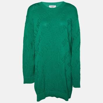 Pre Owned Balenciaga Green Logo Intarsia Knit Wool Oversized Sweater M