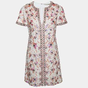 Pre Owned Balenciaga White Textured Embellished Cotton Plunge Neck Mini Dress S