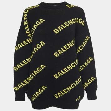 Pre Owned Balenciaga Black All Over Logo Wool Oversized Sweater S