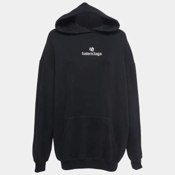 Pre Owned Balenciaga Black Logo Embroidered Cotton Hoodie M