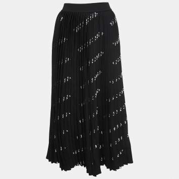 Pre Owned Balenciaga Black Logo Print Knit Pleated Midi Skirt S