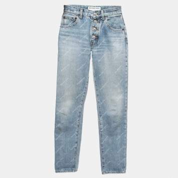 Pre Owned Balenciaga Blue Logo Printed Denim High Waist Straight Leg Jeans S Waist 24"