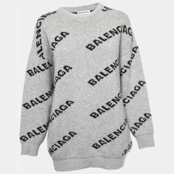 Pre Owned Balenciaga Grey All Over Logo Patterned Wool Blend Crew Neck Jumper M
