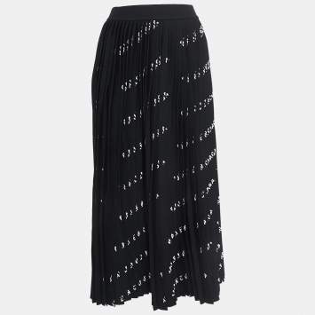 Pre Owned Balenciaga Black Logo Print Knit Pleated Midi Skirt S