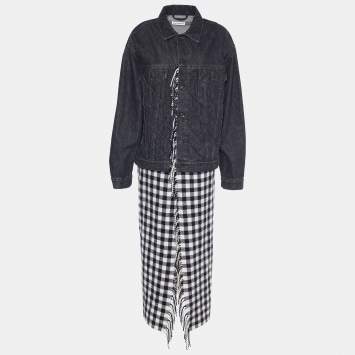 Pre Owned Balenciaga Black Denim & Checkered Wool Button Front Long Coat S