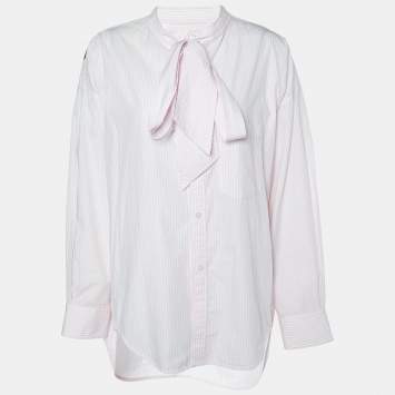 Pre Owned Balenciaga Pink 7 White Striped Cotton Neck Tie Detail Oversized Shirt M