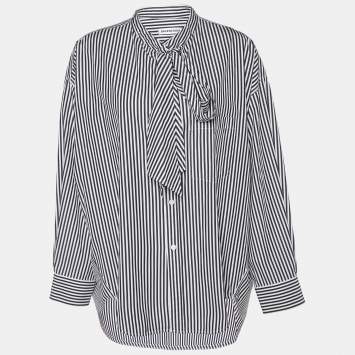 Pre Owned Balenciaga Black & White Striped Cotton Neck Tie Detail Oversized Shirt M