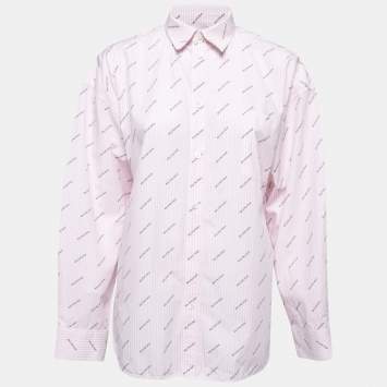 Pre Owned Balenciaga Pink Logo Striped Cotton Button Front Oversized Shirt S