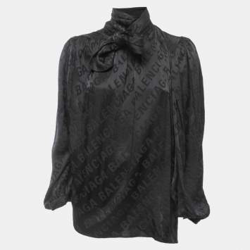 Pre Owned Balenciaga Black Logo Patterned Silk Button Front Neck Tie Detail Oversized Blouse M