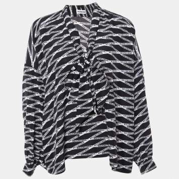 Pre Owned Balenciaga Black Zig Zag Logo Printed Silk Neck Tie Detail Top M