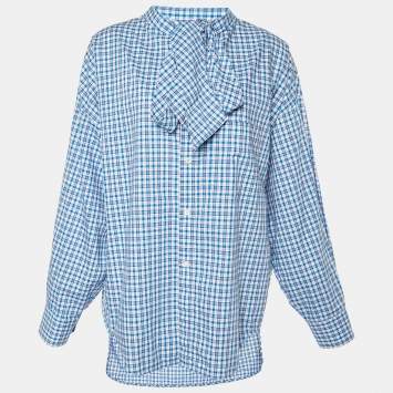 Pre Owned Balenciaga Blue Plaid Cotton Neck Tie Detail Oversized Shirt M
