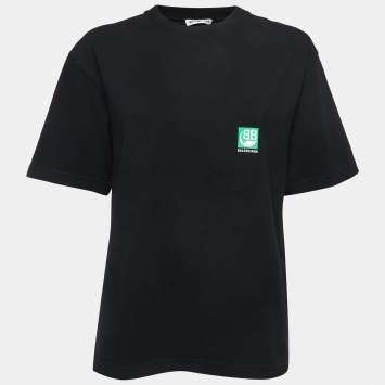 Pre Owned Balenciaga Black Logo Print Cotton Half Sleeve T-Shirt L