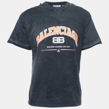 Pre Owned Balenciaga Grey Washed & Distressed Logo Print Cotton Half Sleeve T-Shirt S