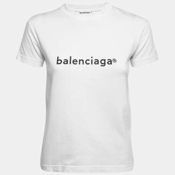 Pre Owned Balenciaga White Logo Print Cotton Short Sleeve T-Shirt XS