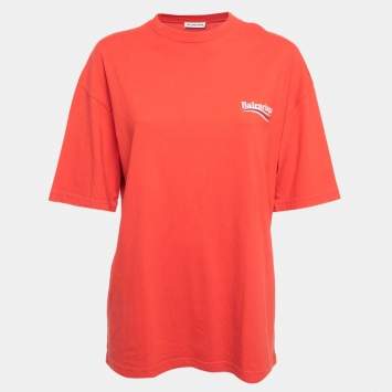 Pre Owned Balenciaga Red Logo Print Cotton Oversized T-Shirt S