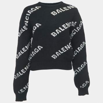 Pre Owned Balenciaga Black All-Over Logo Wool-Blend Jumper S