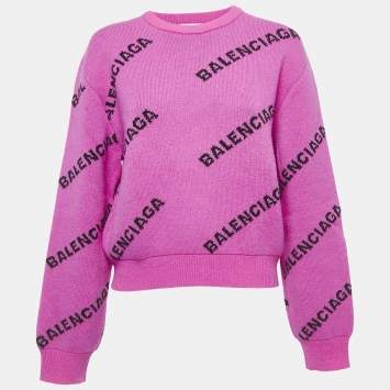 Pre Owned Balenciaga Pink All-Over Logo Wool Jumper S