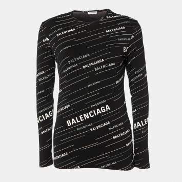 Pre Owned Balenciaga Black All Over Logo Print Knit Long Sleeve T-Shirt L