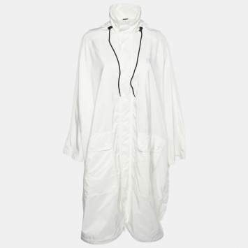 Pre Owned Balenciaga White Logo Printed Synthetic Hooded Detail Parka Coat S