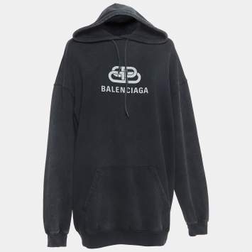 Pre Owned Balenciaga Grey Washed Cotton Logo Print Hoodie XS