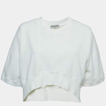 Pre Owned Balenciaga Off-White Cotton Cropped Half Sleeve Sweatshirt L