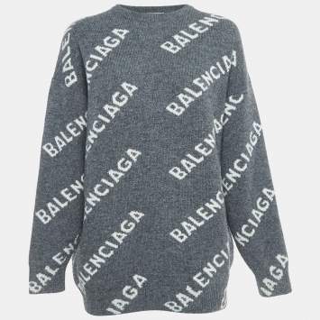Pre Owned Balenciaga Grey Logo Intarsia Wool Knit Sweater S