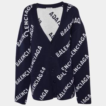 Pre Owned Balenciaga Navy Blue Logo Patterned Wool Buttoned Cardigan XS