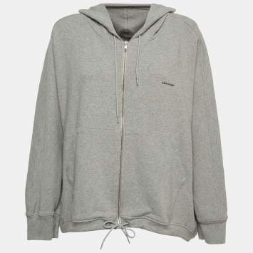 Pre Owned Balenciaga Grey Logo Print Cotton Zip Front Hooded Sweatshirt XS