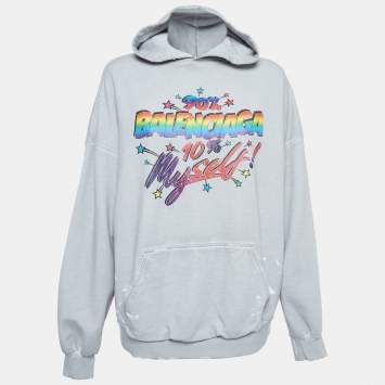 Pre Owned Balenciaga Grey Distressed Cotton Graphic Print Hoodie S