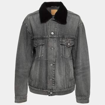 Pre Owned Balenciaga Black Logo Print Fur Trimmed Denim Buttoned Jacket S